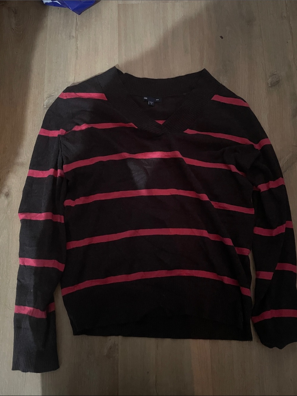GAP Black V-Neck Sweater with Pink Stripes